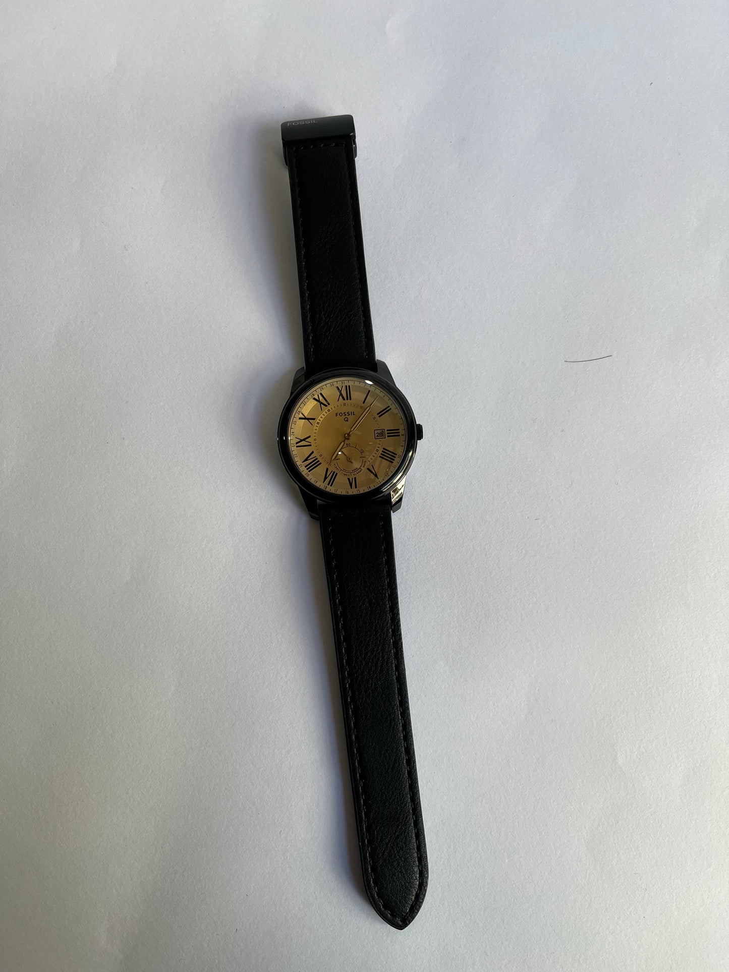 Fossil Q Men’s Classic Analog Watch with Gold Dial, Roman Numerals & Black Leather Strap