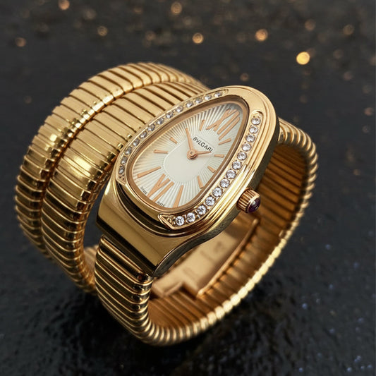 Luxury Gold Oval Dial Bracelet Watch with Crystal Bezel