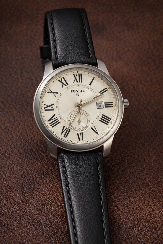 Fossil Q Men’s Classic Analog Watch with White Roman Dial & Black Leather Strap
