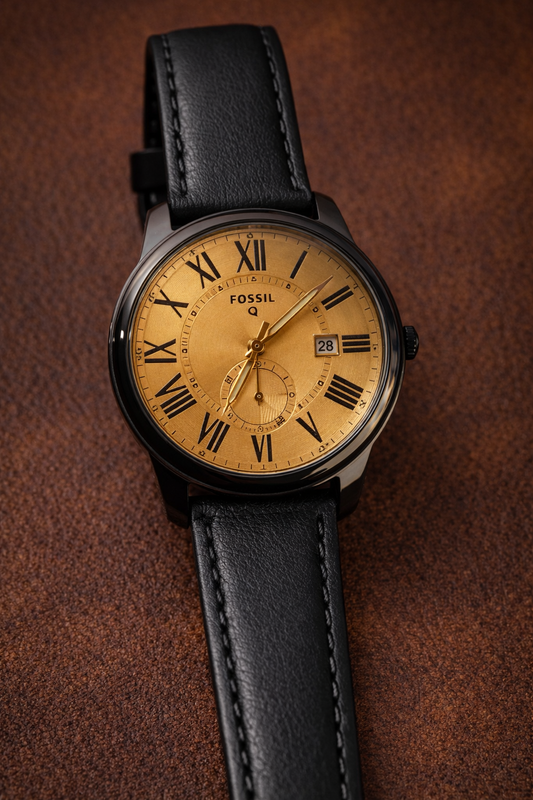 Fossil Q Men’s Classic Analog Watch with Gold Dial, Roman Numerals & Black Leather Strap