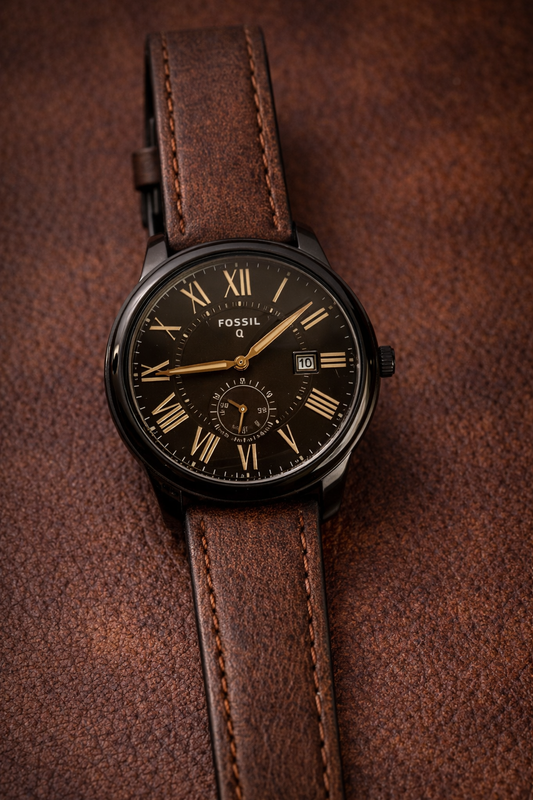 Fossil Q Men’s Analog Watch with Black Dial, Roman Numerals & Brown Leather Strap