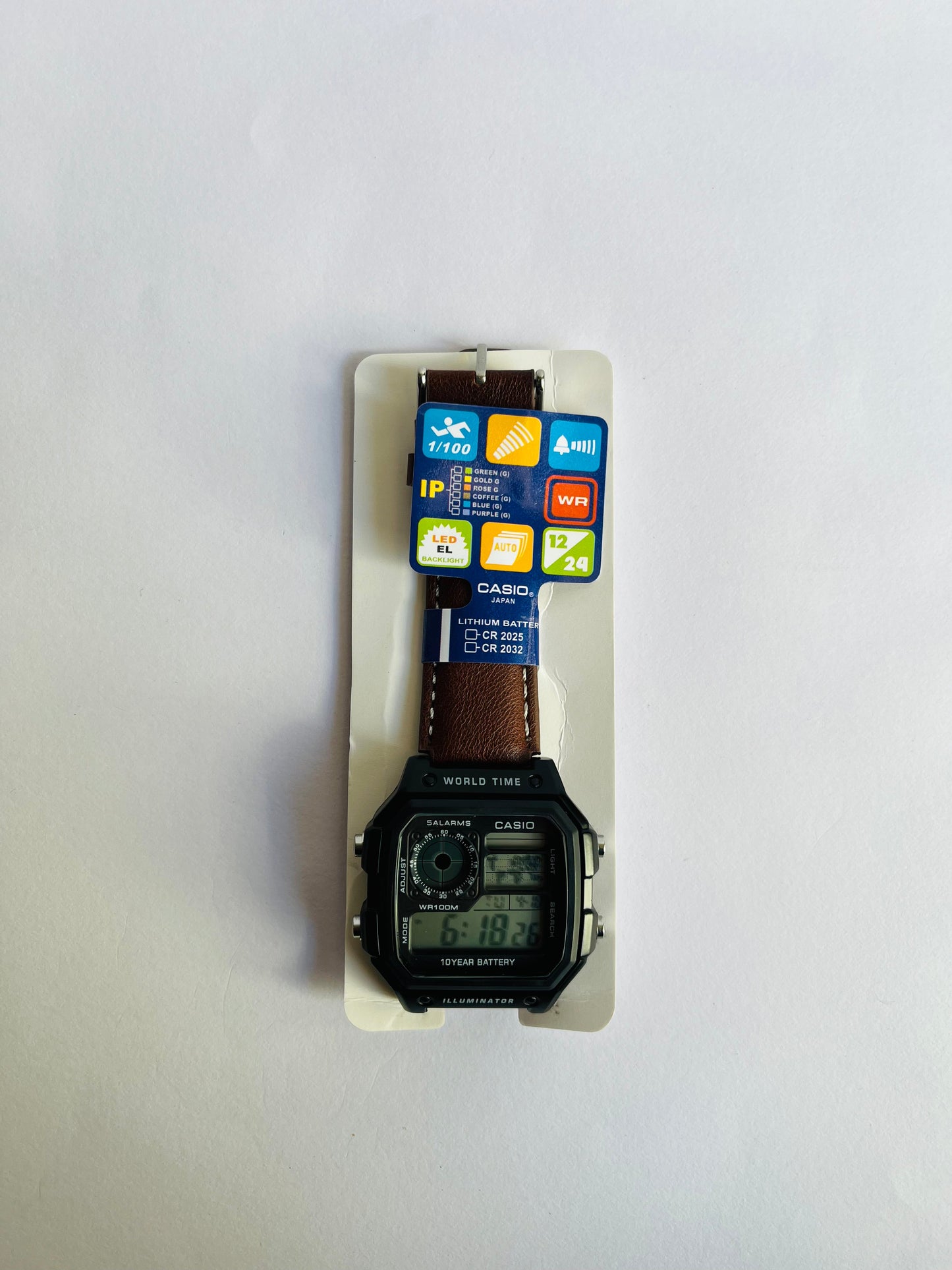 Digital Sports Watch with Brown Leather Strap, World Time & Illuminator