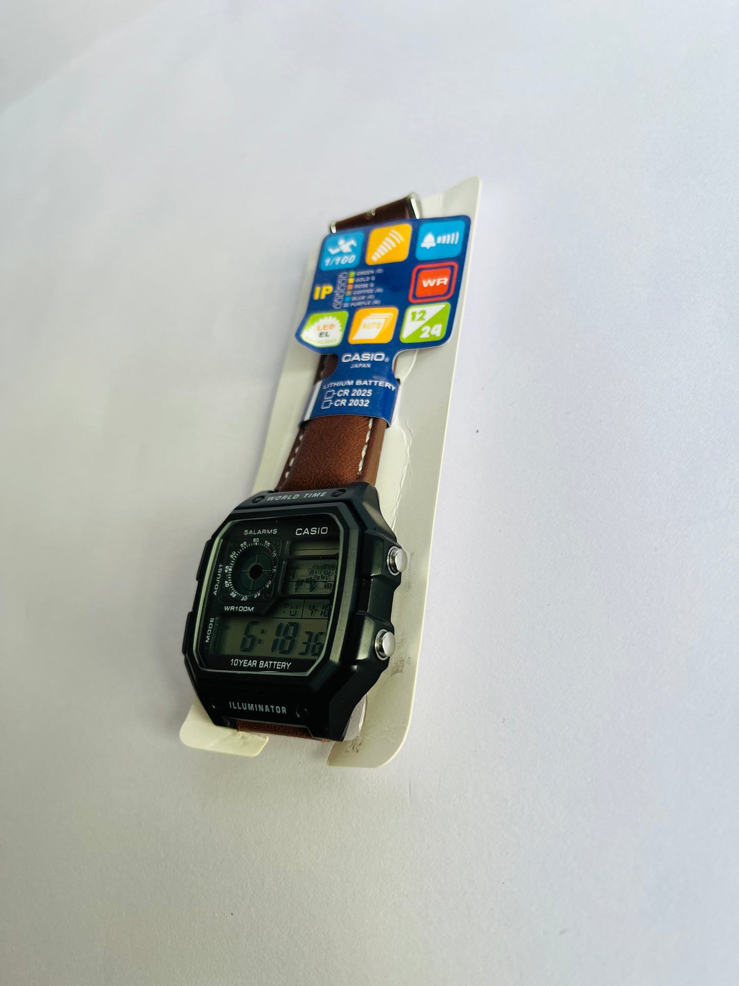 Digital Sports Watch with Brown Leather Strap, World Time & Illuminator