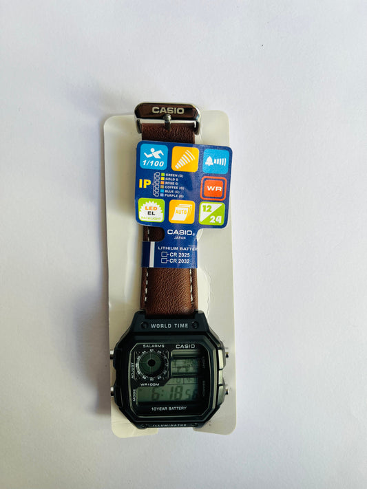 Digital Sports Watch with Brown Leather Strap, World Time & Illuminator