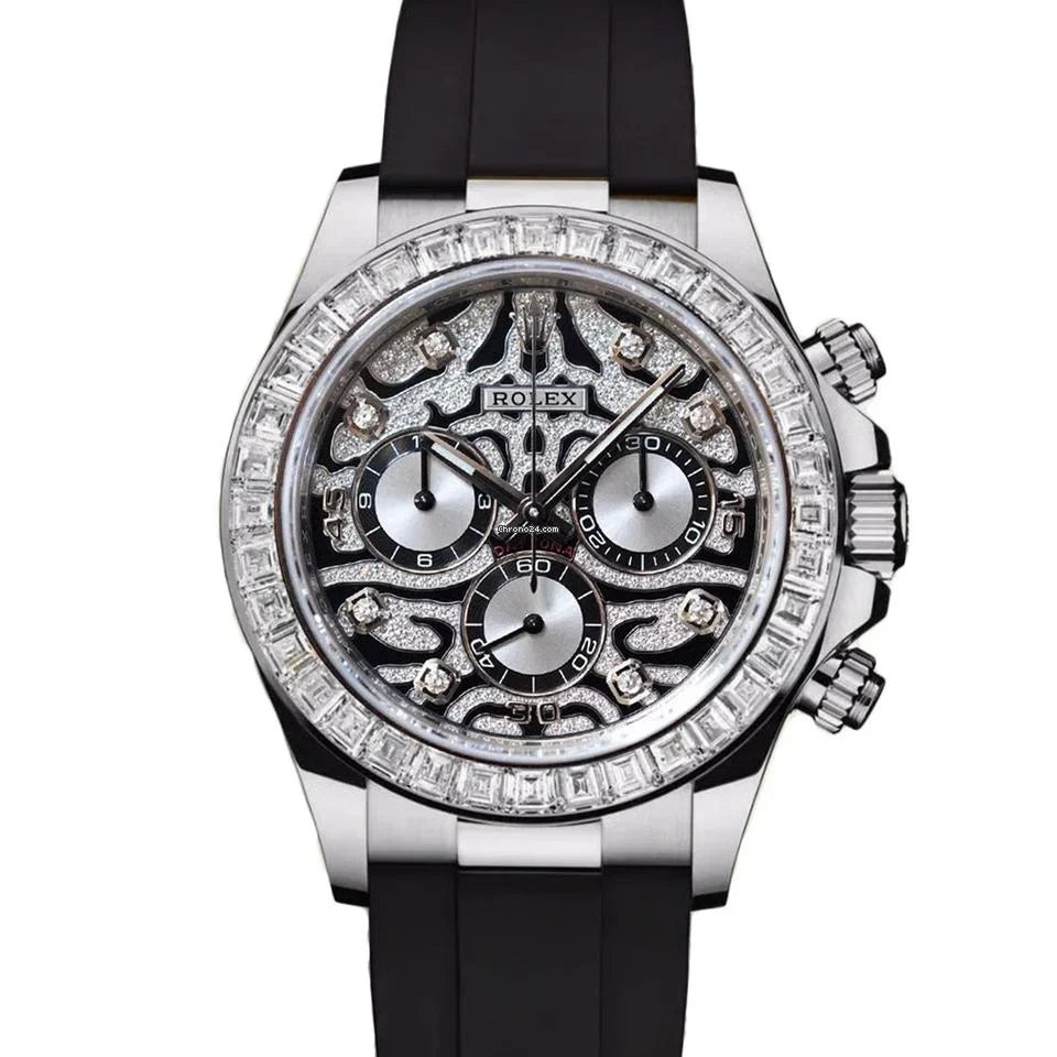 Rolex Daytona Diamond Bezel Luxury Chronograph Watch with Black Rubber Strap