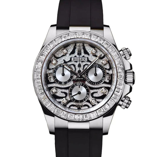 Rolex Daytona Diamond Bezel Luxury Chronograph Watch with Black Rubber Strap