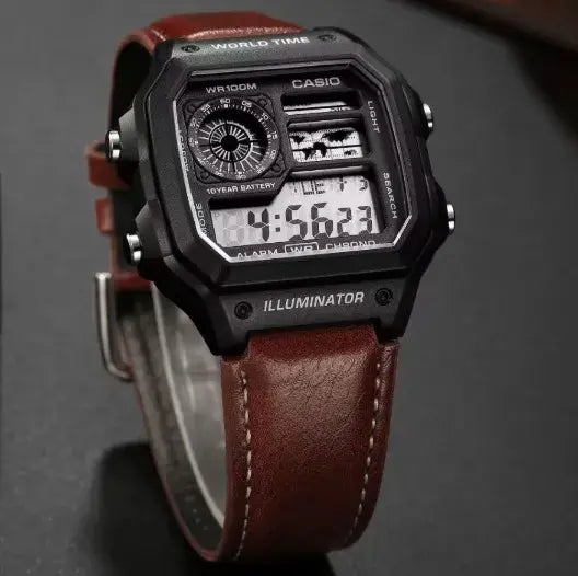 Digital Sports Watch with Brown Leather Strap, World Time & Illuminator